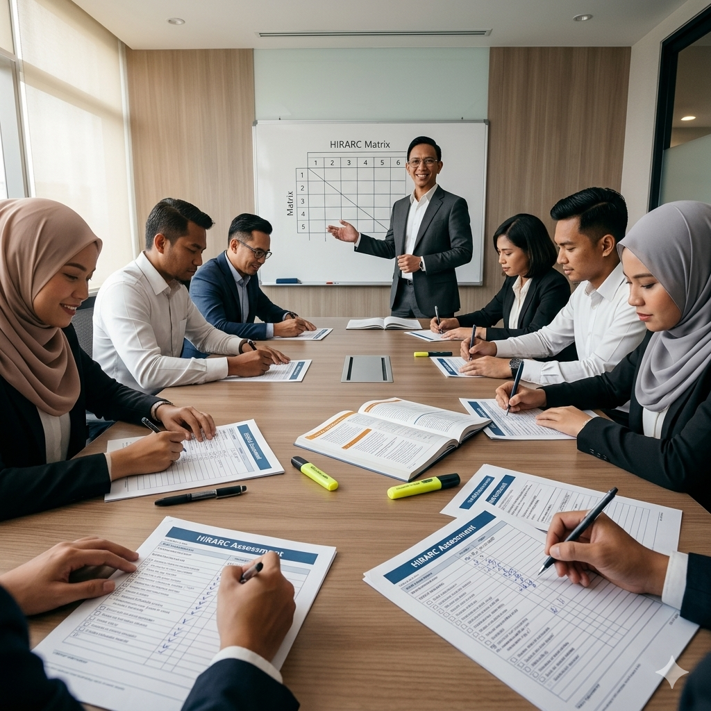 HIRARC training Malaysia — participants completing a risk assessment worksheet by Cikgu Barrier